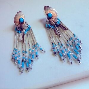 Vintage 2 in 1 Elegant Turquoise Flower/Feather Silver Dangle Earrings
